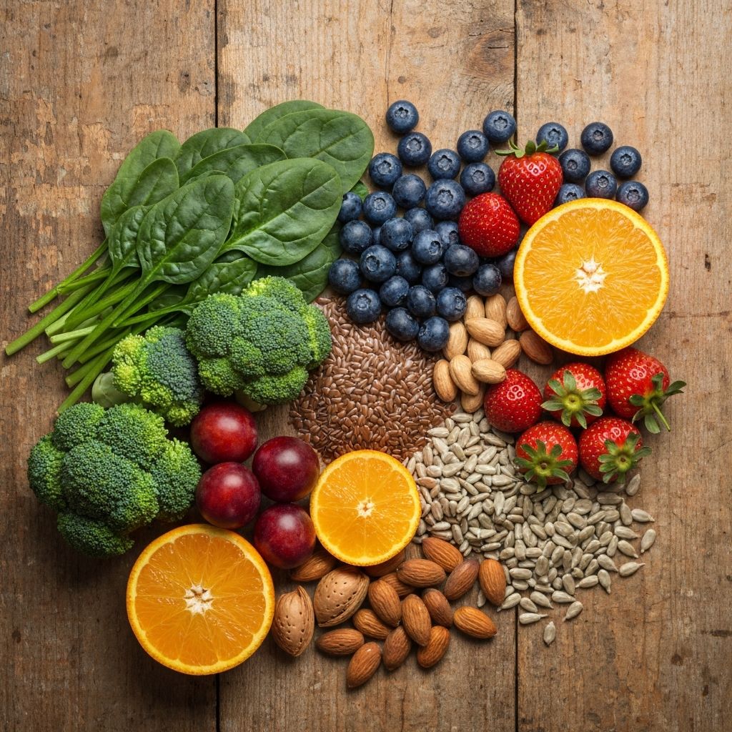 Εναέρια άποψη φρέσκων φυσικών τροφών: οργανικά λαχανικά, φρούτα, καρύδια, σπόροι σε ξύλινη επιφάνεια με δραματικό φωτισμό